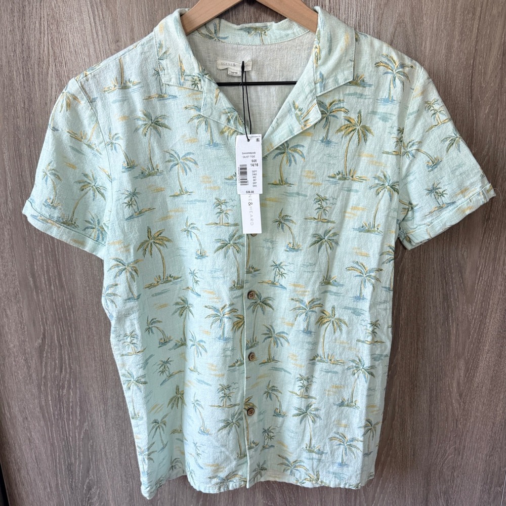 Scene & Heard Button Down Linen Shirt Boys 14/16 Blue Tropical Beachy Vacation